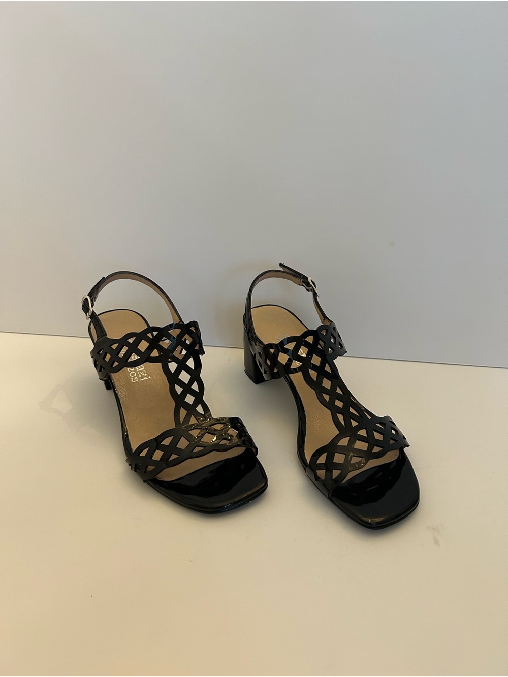 Women's Black Lattice Strappy Block Heel Sandals